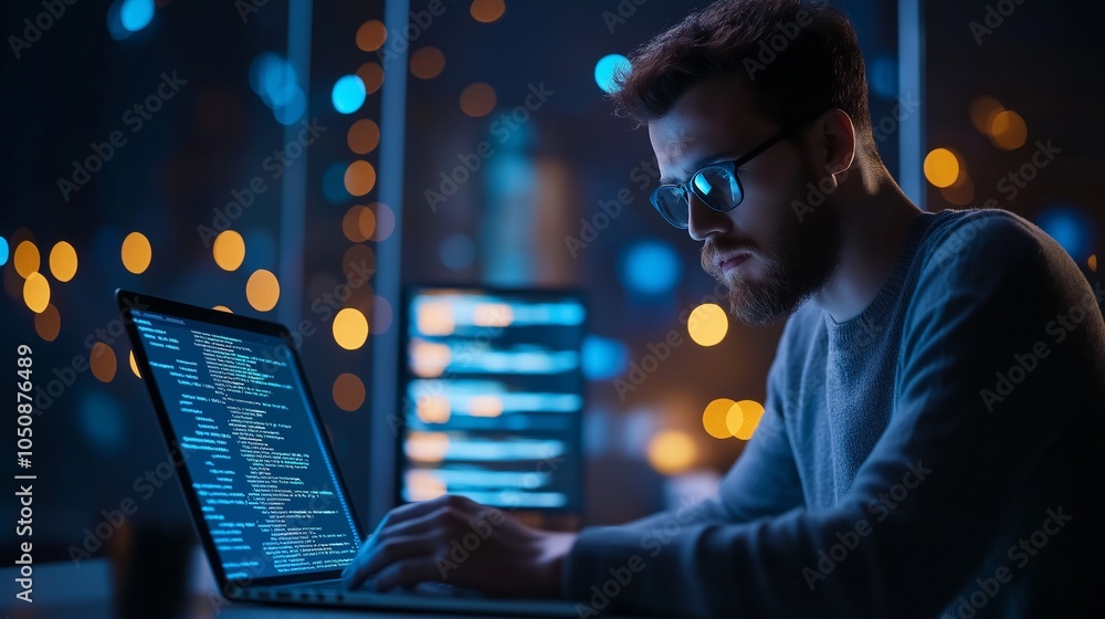 programmer hunched over his laptop analyzes code programmer hunched over his laptop analyzes code