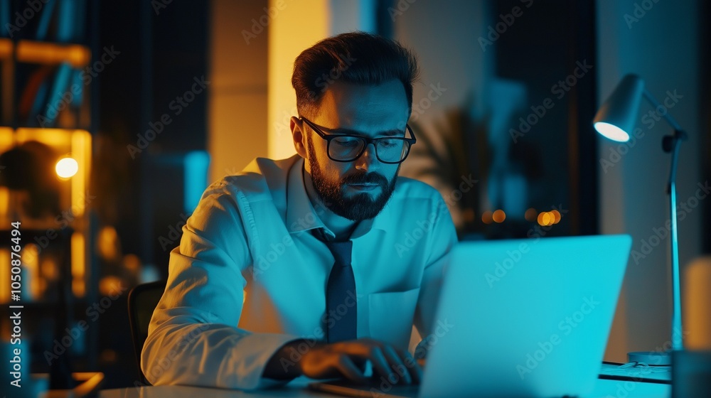 programmer hunched over his laptop analyzes code programmer hunched over his laptop analyzes code