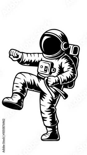 A vector-based, clean, flat, black, and white illustration of a Astronaut Karate Kick logo Generative aI photo