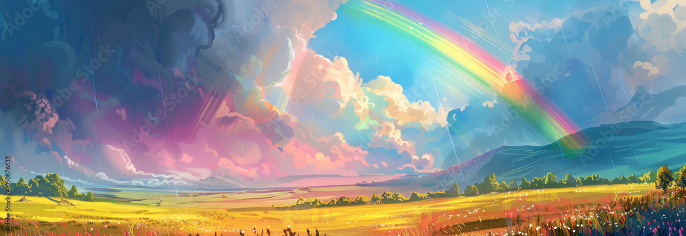 Majestic mountain landscape with colorful rainbow in a cloudy sky over rolling hills. Concept of natural beauty, tranquility, and scenic vistas. Digital art. Banner Majestic mountain landscape with colorful rainbow in a cloudy sky over rolling hills. Concept of natural beauty, tranquility, and scenic vistas. Digital art. Banner