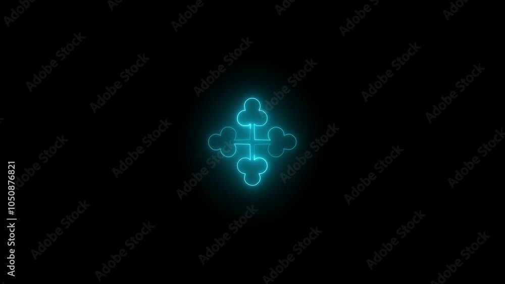Neon four club spoked asterisk icon glowing black background animation Neon four club spoked asterisk icon glowing black background animation