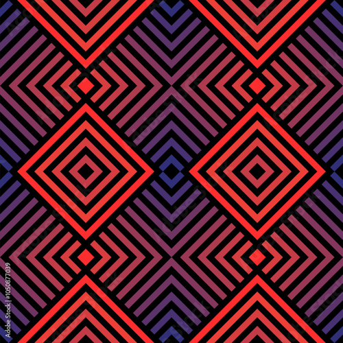 Vector geometric seamless pattern. Trending abstract sport style texture. Modern background with neon red and purple gradient. Funky lines, stripes, chevron, squares. 1980s - 1990s inspired design