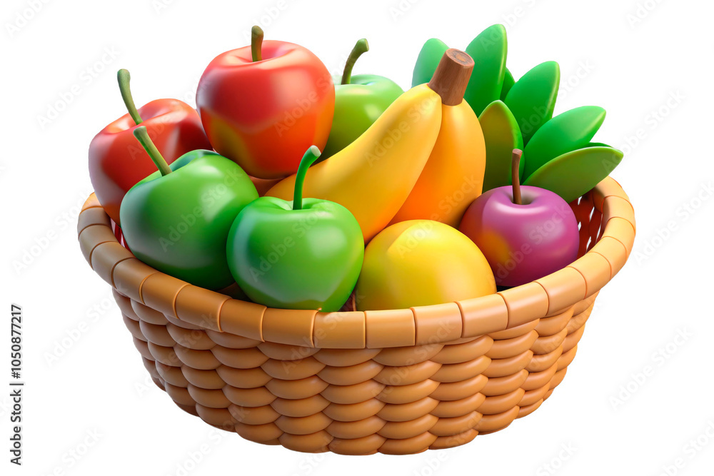 3D rendering of a colorful fruit basket, filled with assorted, vibrant fruits, isolated on a white background, perfect for illustrating healthy eating and dietary variety. 3D rendering of a colorful fruit basket, filled with assorted, vibrant fruits, isolated on a white background, perfect for illustrating healthy eating and dietary variety.
