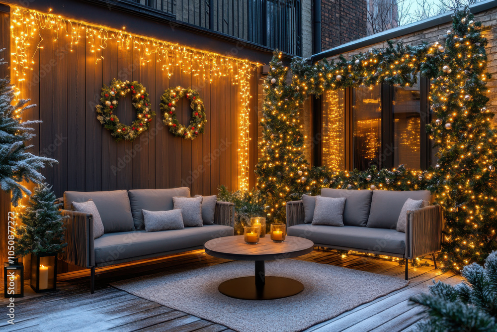 Obraz premium Rooftop terrace decorated for Christmas, New year holidays. Outdoors terrace, balcony, lounge area with outdoor seating furniture in modern office, co-working, co-living building