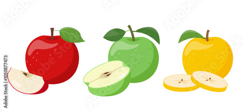 Set of red, green and yellow Apples with pieces. Fresh apple icons. Organic fruits for juice, smoothie or vitamin C healthy food. Vector icon illustration isolated on white background.