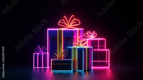 Stack of neon gift boxes with ribbon, light gift box for birthday, wedding, anniversary, party, event, gift guide, retail idea, advertising, Christmas gifts.AI generation