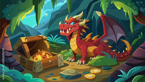 A red dragon guards its treasure in a hidden cave illuminated by shafts of sunlight filtering through the trees