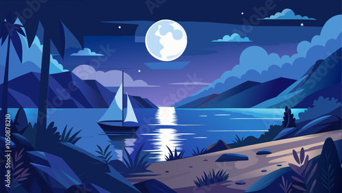A peaceful night scene featuring a sailboat under a bright moon on a tranquil lake surrounded by mountains and palm trees