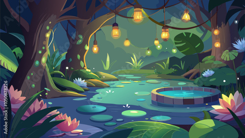 A tranquil night in a serene forest with glowing lights over a calm pond surrounded by lush greenery and vibrant flowers