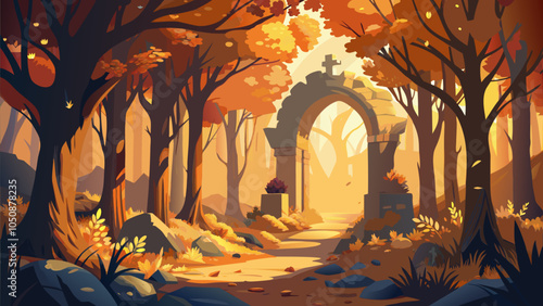 A serene autumn forest with an ancient stone archway and golden foliage during the evening light