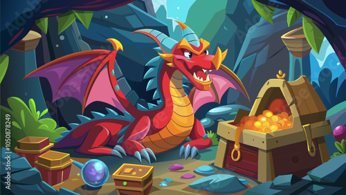 A fierce red dragon guards a treasure chest in a magical cave filled with sparkling gems and gold coins under shimmering light
