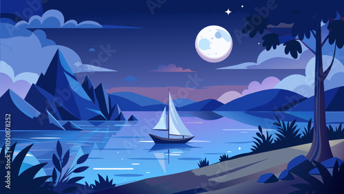 A serene night scene with a sailboat gliding across a calm lake surrounded by mountains under a bright moon