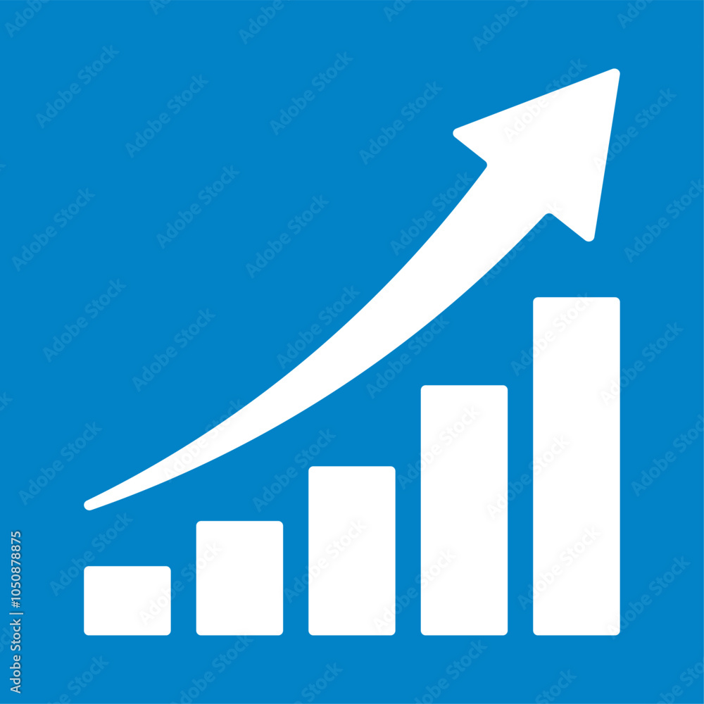 Graph data with an upward stepping arrow. Growth Bar white stairs step to growth success vector illustration on blue. Progress way and forward achievement creative concept. Bar graph of white bars. Graph data with an upward stepping arrow. Growth Bar white stairs step to growth success vector illustration on blue. Progress way and forward achievement creative concept. Bar graph of white bars.