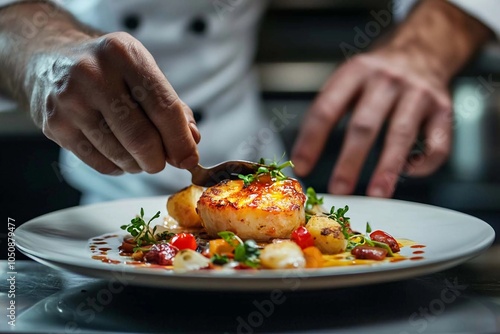 Wallpaper Mural Masterful chef delicately garnishing a vibrant gourmet dish in a busy restaurant kitchen during a bustling dinner service. Generative AI Torontodigital.ca