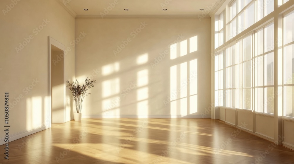 Fototapeta premium Empty sunlit room with wooden floor and large windows casting soft shadows