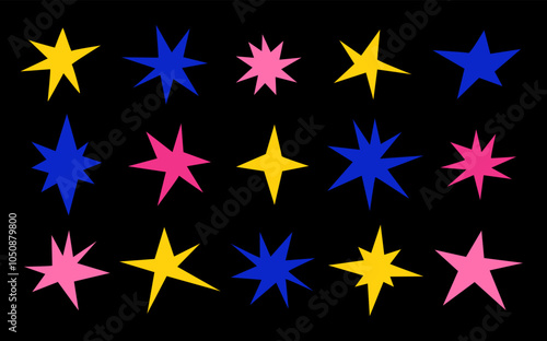 Abstract shapes stars on Black Background. Collection of free form stars. Flat vector Illustration