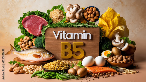 Various fresh food with the sign vitamin B5 meat, fish, eggs, nuts, greens photo