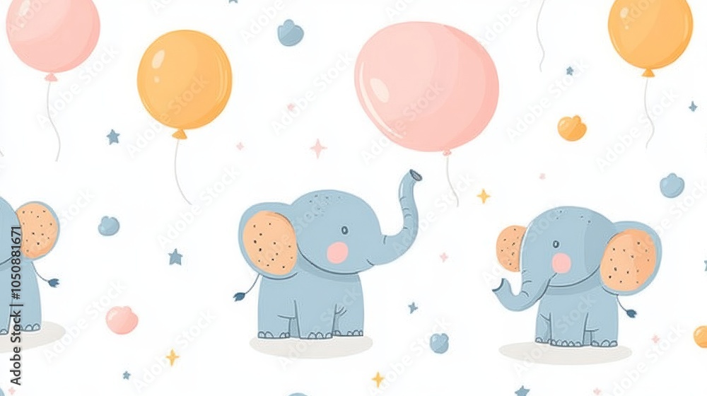 Baby elephant with hearts and stars, whimsical vector illustration, perfect for nursery decor and wrapping paper Baby elephant with hearts and stars, whimsical vector illustration, perfect for nursery decor and wrapping paper