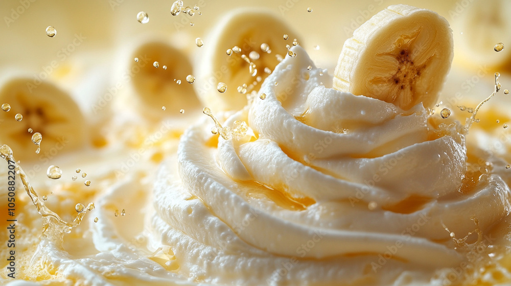 Banana slices with cream and ice cream close-up Banana slices with cream and ice cream close-up