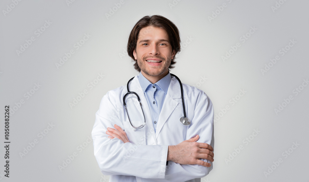 Studio Portrait Of Smiling Medical Specialist Posing With Folded Arms Over White Background, Free Space Studio Portrait Of Smiling Medical Specialist Posing With Folded Arms Over White Background, Free Space