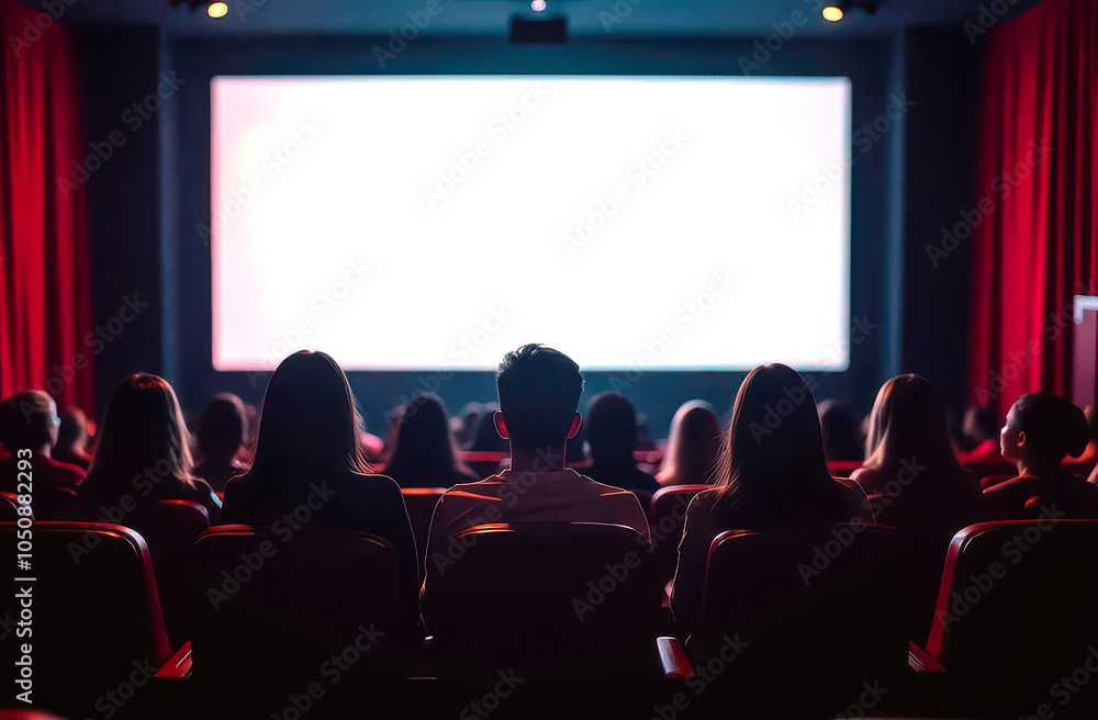 People in the cinema watching a movie. Blank empty white screen. People silhouettes in the cinema People in the cinema watching a movie. Blank empty white screen. People silhouettes in the cinema