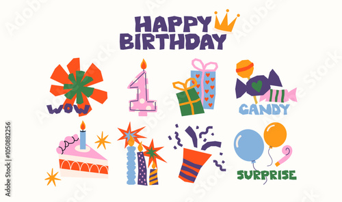 Set cartoon birthday stickers. Holiday gifts, balloons, cake. Retro gifts, celebration labels.Funky hipster stickers in 90s style. Vector happy birthday set, trendy promo labels