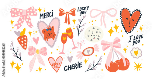 Lucky girls cartoon cute stickers. Set of girly patches with bows of girl power badges in retro doodle groovy vintage 90s style
