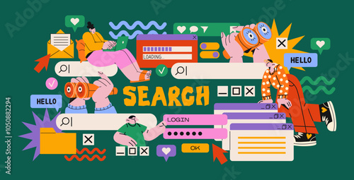 Cartoon characters with internet search bar and digital icons in memphis style. Surfing the Internet, website, online company. Search panel in the browser. Vector illustration