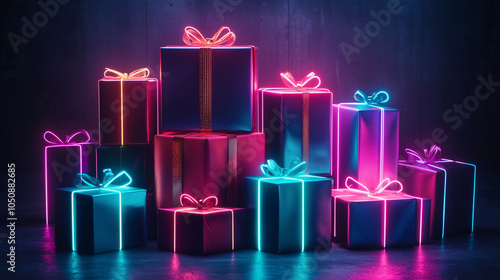 Stack of neon gift boxes with ribbon, light gift box for birthday, wedding, anniversary, party, event, gift guide, retail idea, advertising, Christmas gifts.AI generation