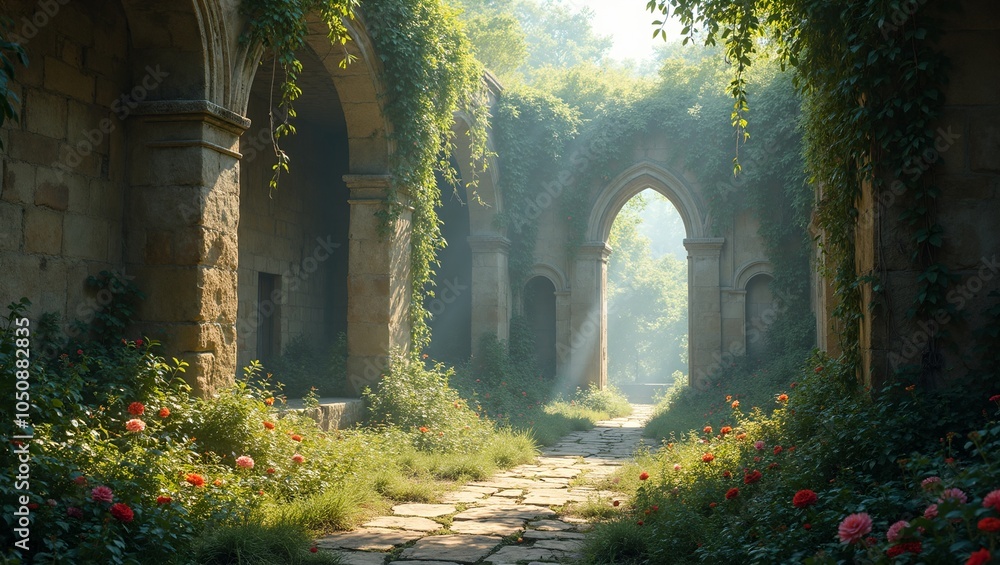Fototapeta premium Ancient temple overgrown with vines and flowers sunlight peeking through
