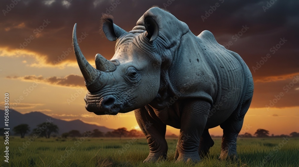 Fototapeta premium A majestic white rhinoceros stands in a grassy field at sunset, with a dramatic sky behind it.
