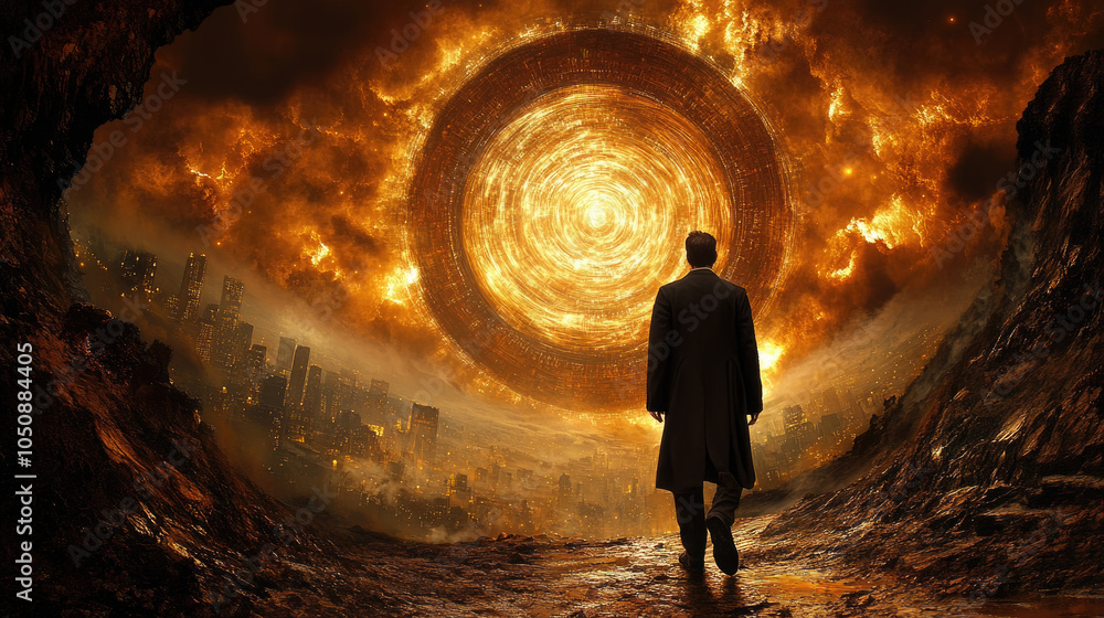 Fototapeta premium A figure in a long coat approaches a swirling, fiery portal amid the ruins of a deserted city, illuminated by an orange-hued sky