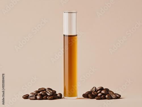 Lab Test Tube with Caffeine Extract Surrounded by Coffee Beans – Organic Skincare Ingredient photo