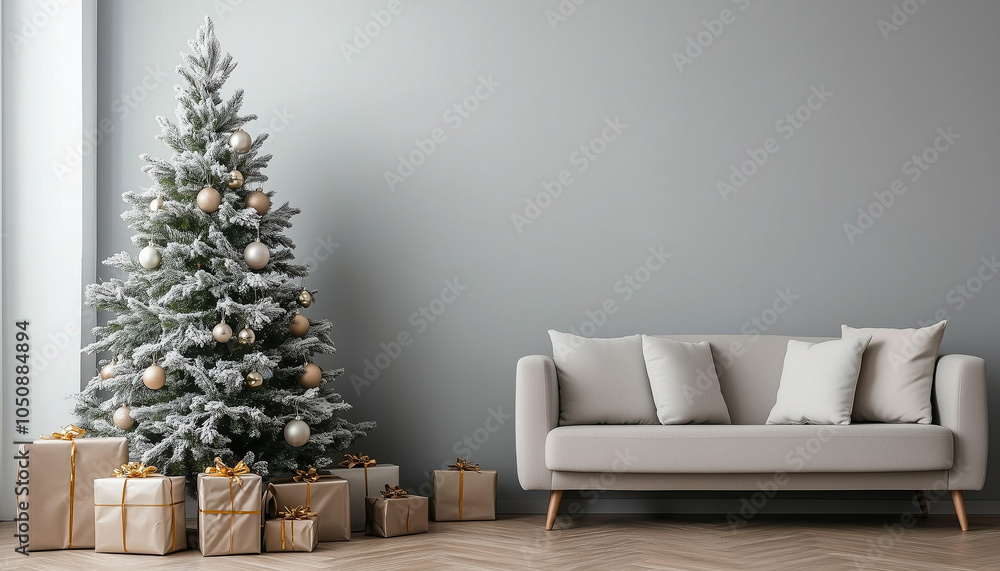 A modern, stylish living room filled with minimalist Christmas spirit. The snow-green Christmas tree is decorated in soft gold and silver colours, harmonising with the presents. Copy Space A modern, stylish living room filled with minimalist Christmas spirit. The snow-green Christmas tree is decorated in soft gold and silver colours, harmonising with the presents. Copy Space