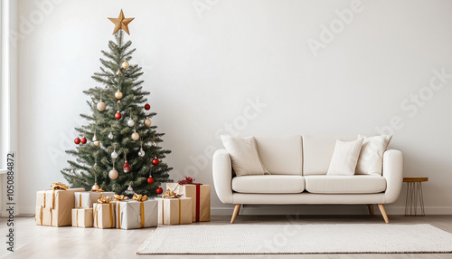 A modern, stylish living room filled with minimalist Christmas spirit. The snow-green Christmas tree is decorated in soft gold and silver colours, harmonising with the presents. Copy Space