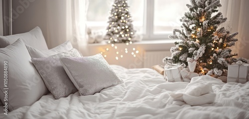 Elegant bedroom with white and silver Christmas decor, soft pillows, and a small tree with twinkling lights by the window