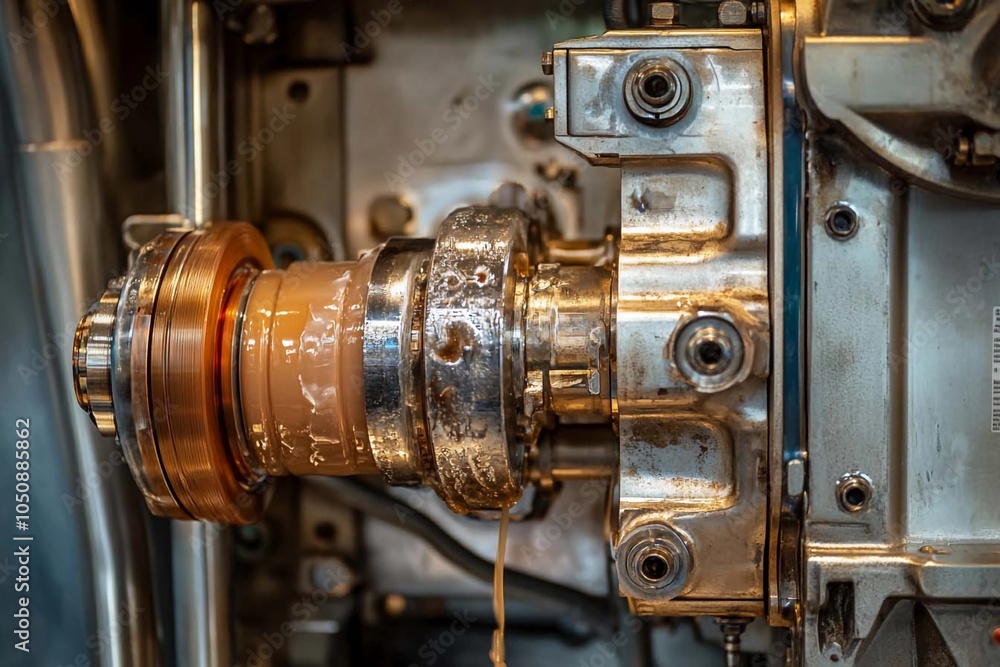 Intricate details of a metallic machinery component in a factory setting. Generative AI Intricate details of a metallic machinery component in a factory setting. Generative AI