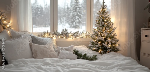 Elegant bedroom with white and silver Christmas decor, soft pillows, and a small tree with twinkling lights by the window
