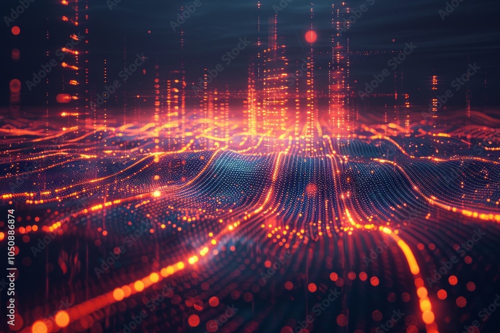 Obraz premium This is a digital background with waveforms and glowing particles, perfect for hightech and futuristic designs