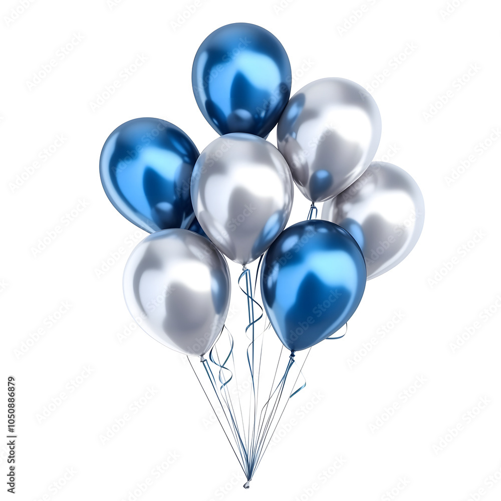 a bunch of silver and blue balloons on ribbons. festive balls on a transparent background. design element. festive atmosphere a bunch of silver and blue balloons on ribbons. festive balls on a transparent background. design element. festive atmosphere