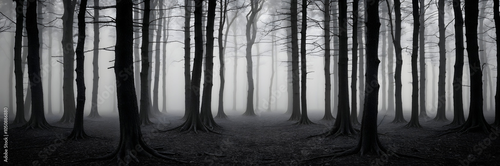 Obraz premium Spooky Halloween Forest Stunning dark forest panorama showcasing a mystical fantasy landscape, with towering ancient trees, ethereal mist swirling through the underbrush, ambient lighting.