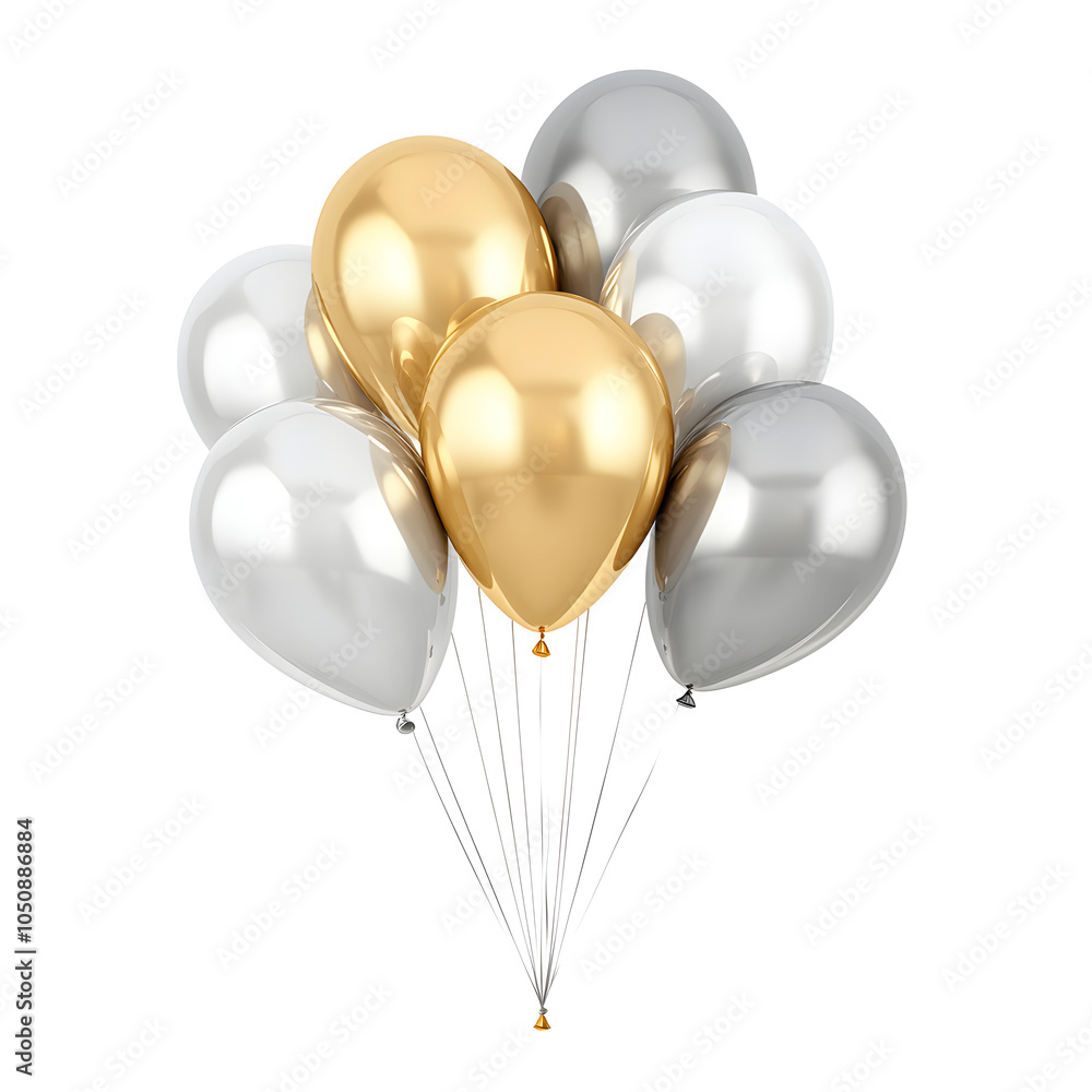 a bunch of gold, silver and white balloons on ribbons. festive balls on a transparent background. design element. festive atmosphere a bunch of gold, silver and white balloons on ribbons. festive balls on a transparent background. design element. festive atmosphere