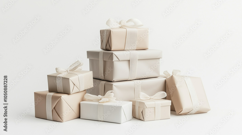 Fototapeta premium Stack of gift boxes in kraft paper with ribbon, elegant minimalist package, gift box for birthday, wedding, anniversary,party, event,gift guide,retail idea, advertising, Christmas gifts. AI generation