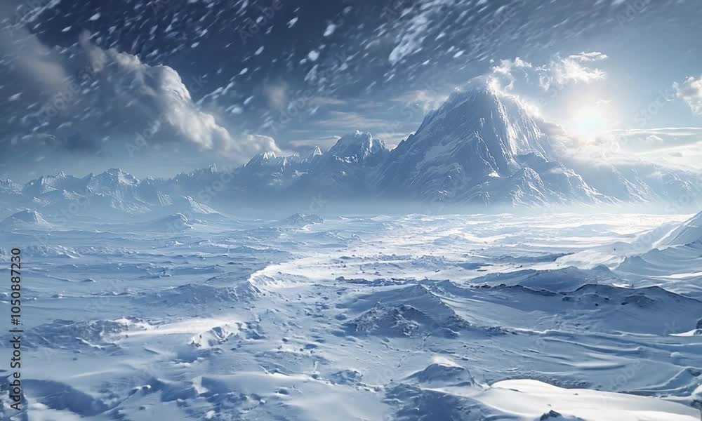 Majestic snow-covered mountains under a bright sun, panoramic winter landscape with dramatic clouds and serene icy terrain Majestic snow-covered mountains under a bright sun, panoramic winter landscape with dramatic clouds and serene icy terrain
