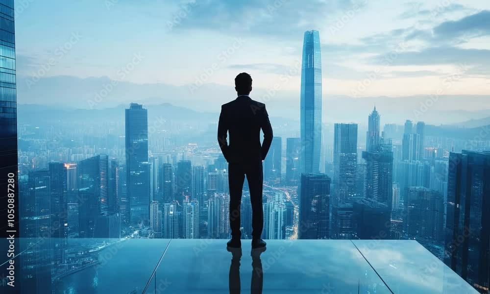 Confident businessman in suit standing on rooftop overlooking a modern city skyline during dusk, with skyscrapers and a reflective glass surface Confident businessman in suit standing on rooftop overlooking a modern city skyline during dusk, with skyscrapers and a reflective glass surface