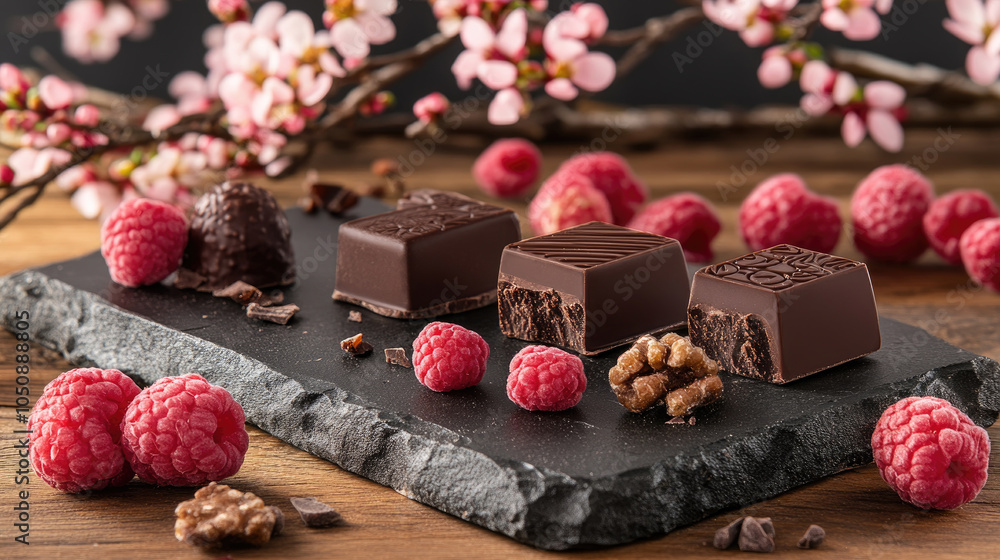 Decadent chocolate squares placed on a slate serving board surrounded by fresh raspberries and blooming pink flowers on a wooden table Decadent chocolate squares placed on a slate serving board surrounded by fresh raspberries and blooming pink flowers on a wooden table