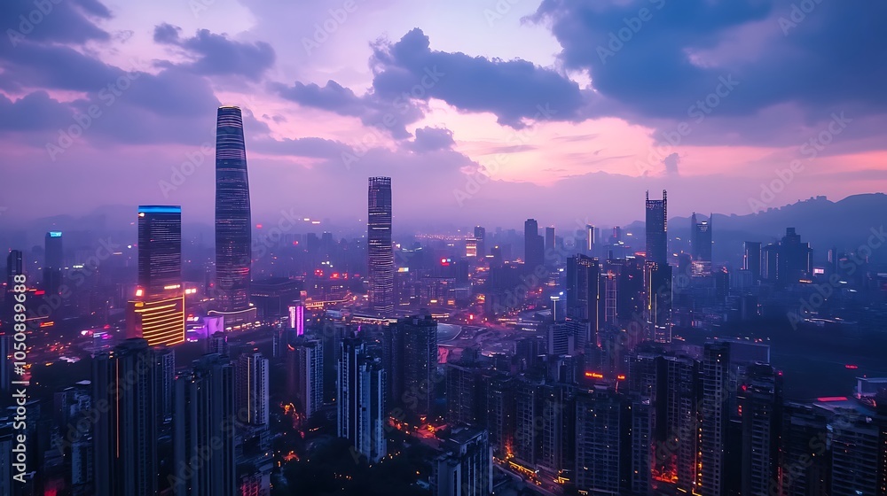 Fototapeta premium Sunrise Over City Skyline with Peaceful River and Mountain Scenery photo