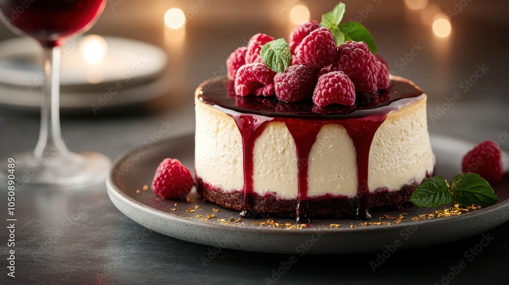A luxurious cheesecake topped with luscious raspberries and a glossy berry sauce, set on a plate, presenting a tempting dessert that exemplifies indulgence. A luxurious cheesecake topped with luscious raspberries and a glossy berry sauce, set on a plate, presenting a tempting dessert that exemplifies indulgence.