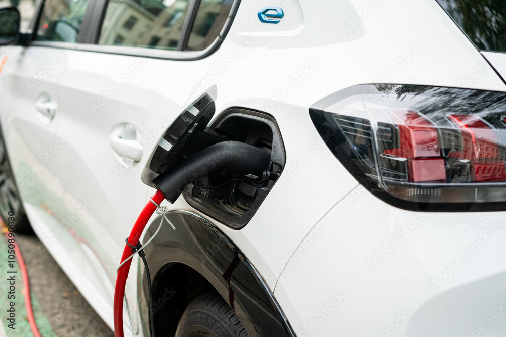Electric vehicle plugged and charging outside Electric vehicle plugged and charging outside