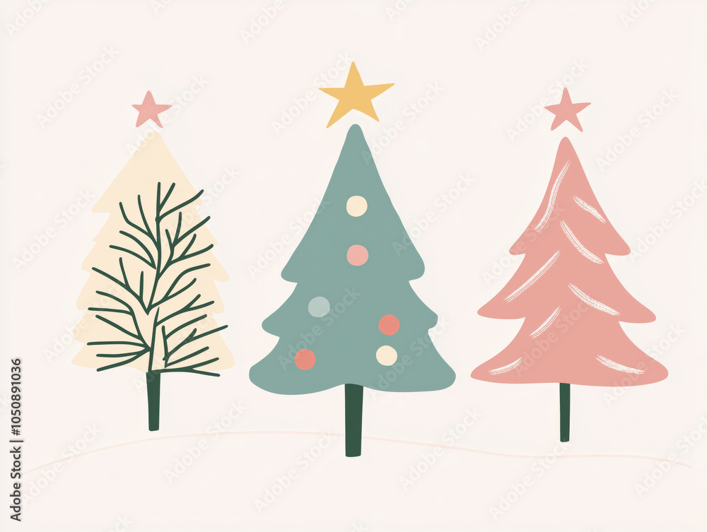 Fototapeta premium Illustration of Three aligned adorned minimalist Christmas trees with star on top, snowed landscape, cartoon clipart in pastel tones, 2D vector art